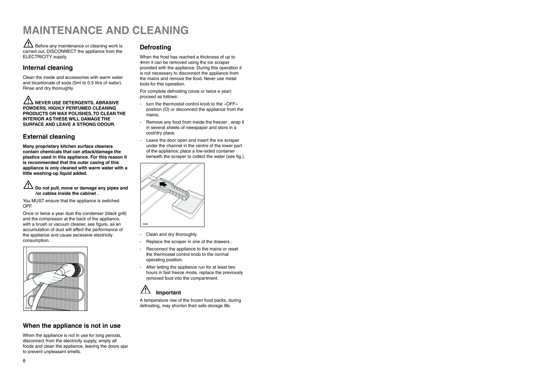 Zanussi ZEF 226 manual Maintenance And Cleaning, Internal cleaning, External cleaning, Defrosting 
