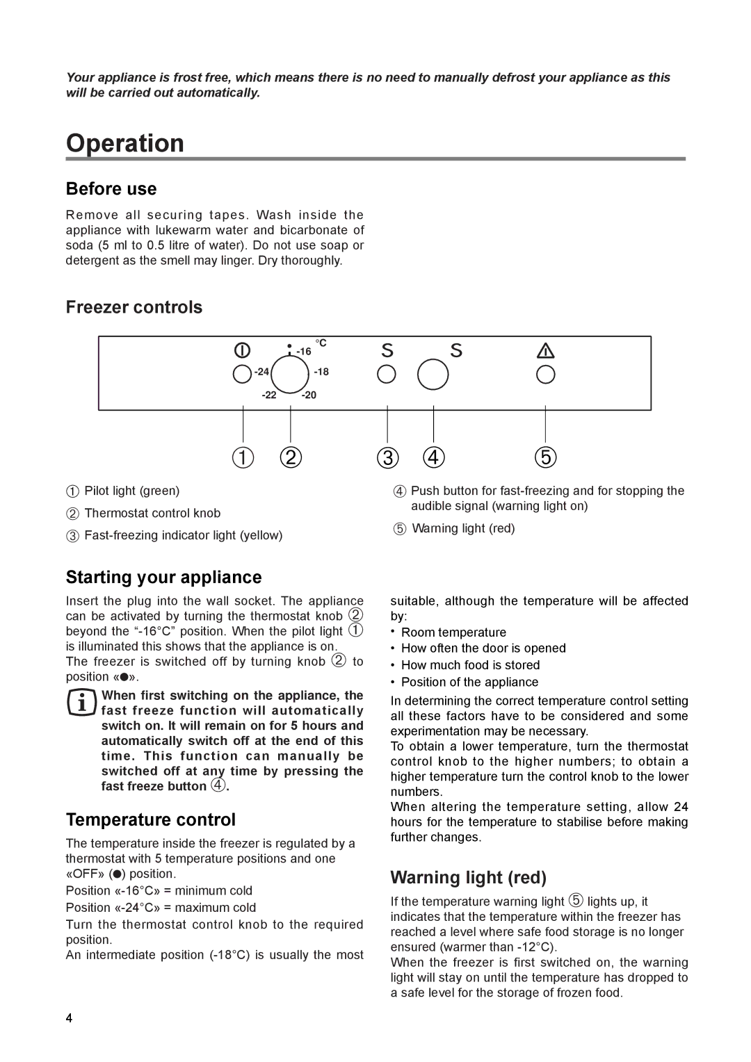 Zanussi ZEF 90 W manual Operation, Before use, Freezer controls, Starting your appliance, Temperature control 