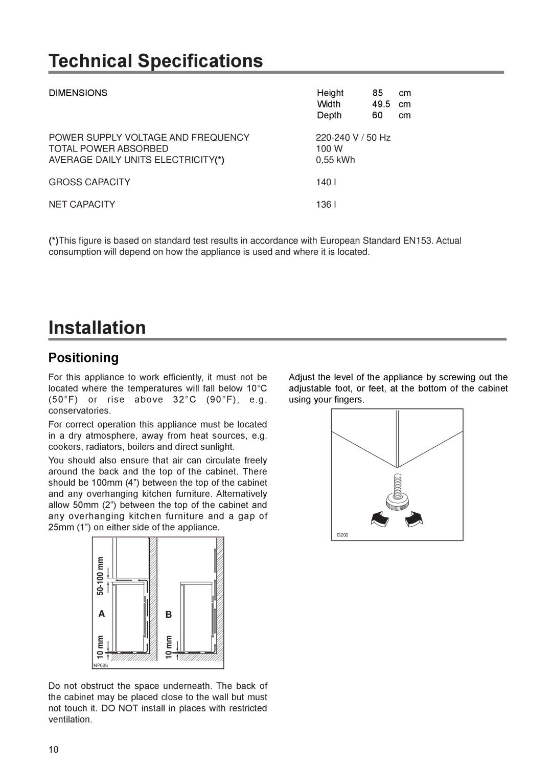 Zanussi ZEL 140 W manual Technical Specifications, Installation, Positioning 