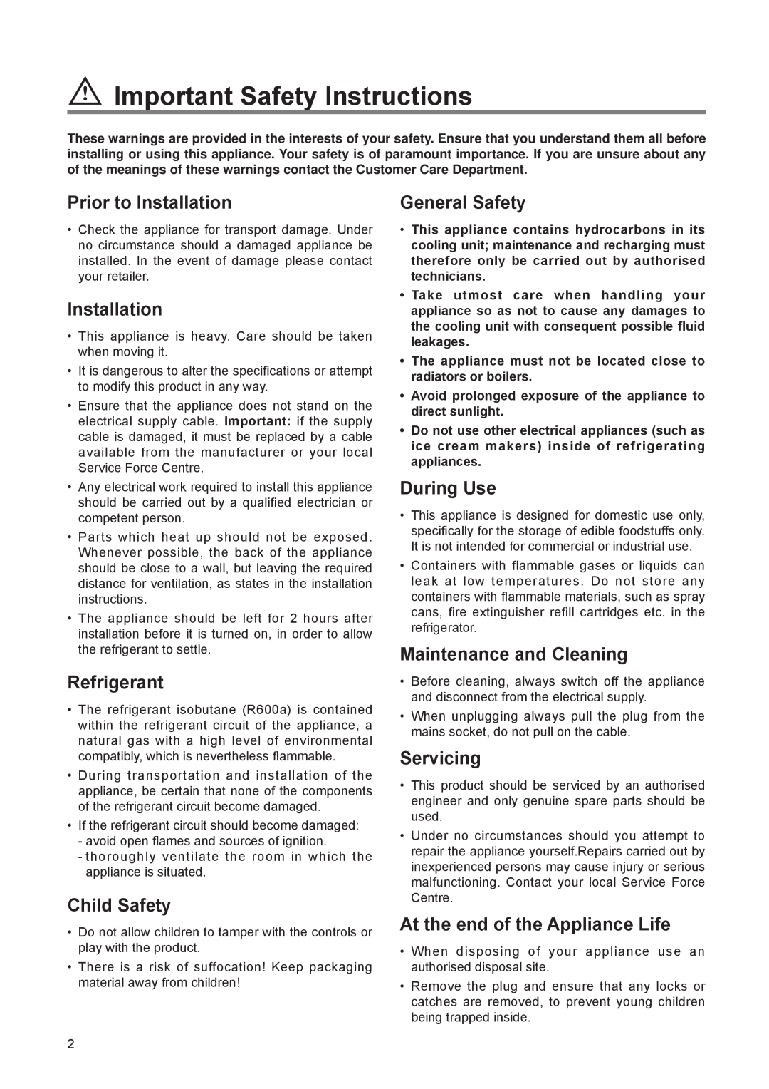 Zanussi ZEL 140 W manual Important Safety Instructions, Prior to Installation, Refrigerant, Child Safety, General Safety 