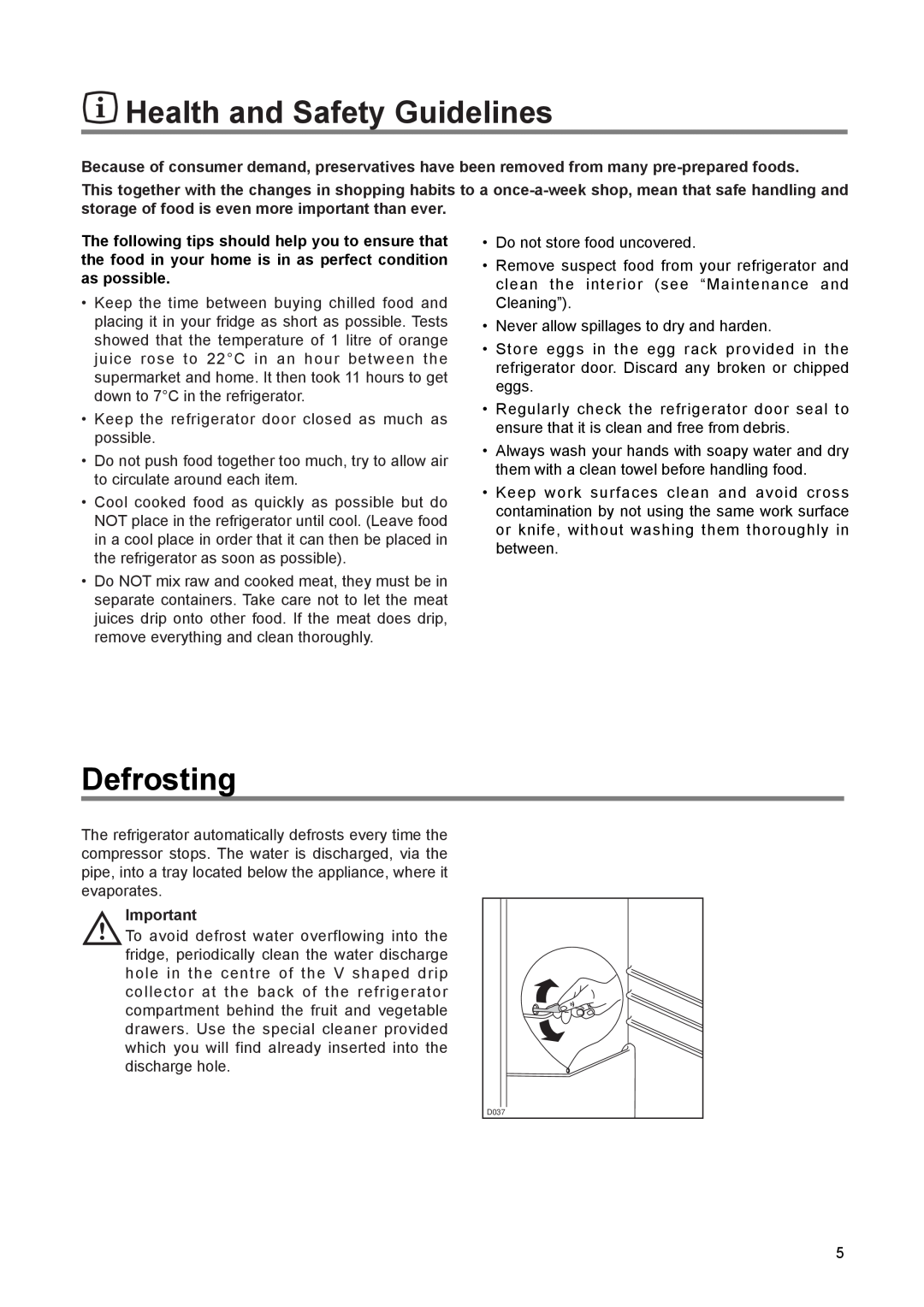 Zanussi ZEL 140 W manual Health and Safety Guidelines, Defrosting 