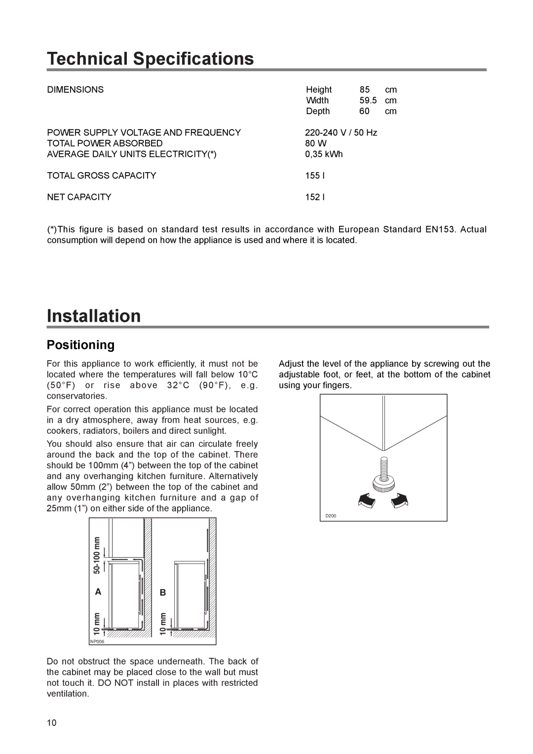 Zanussi ZEL 160 W manual Technical Specifications, Installation, Positioning 