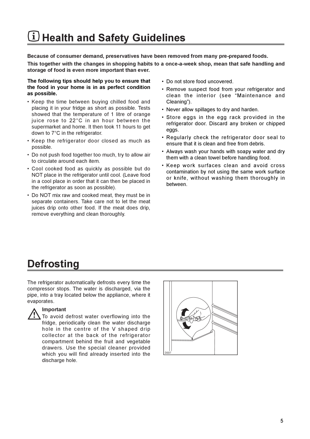 Zanussi ZEL 160 W manual Health and Safety Guidelines, Defrosting 