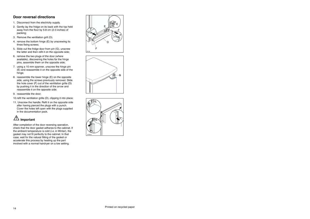 Zanussi ZEL 296 manual Door reversal directions 