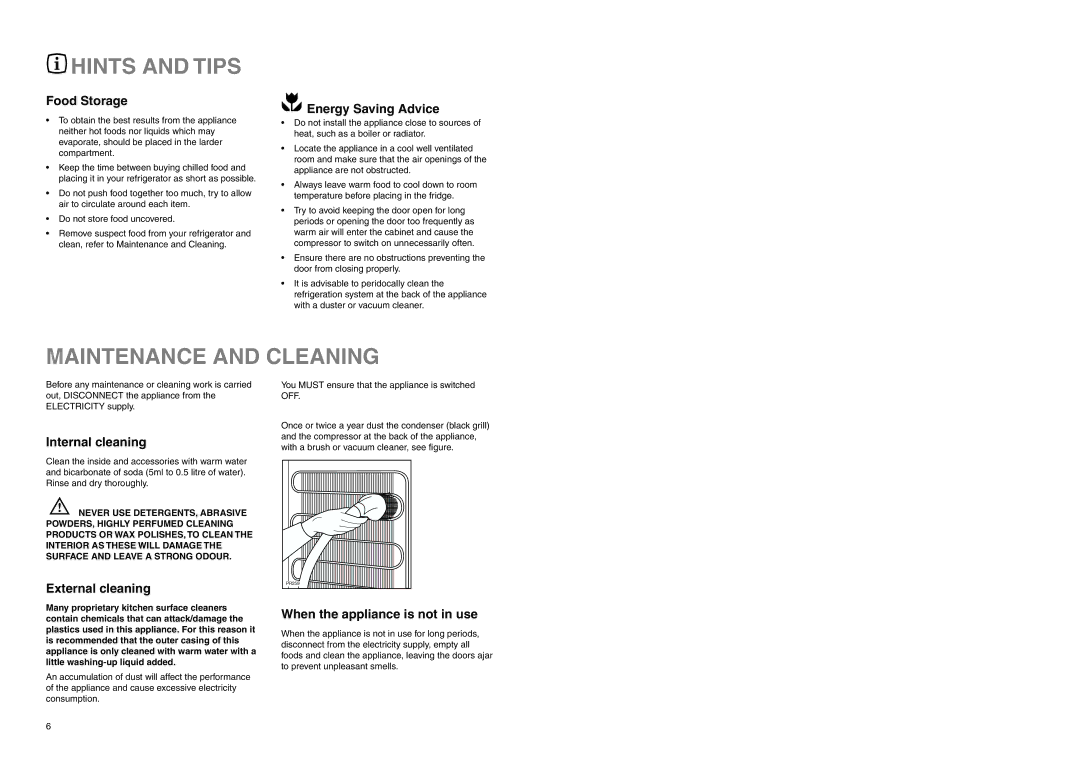 Zanussi ZEL 296 manual Hints and Tips, Maintenance and Cleaning 