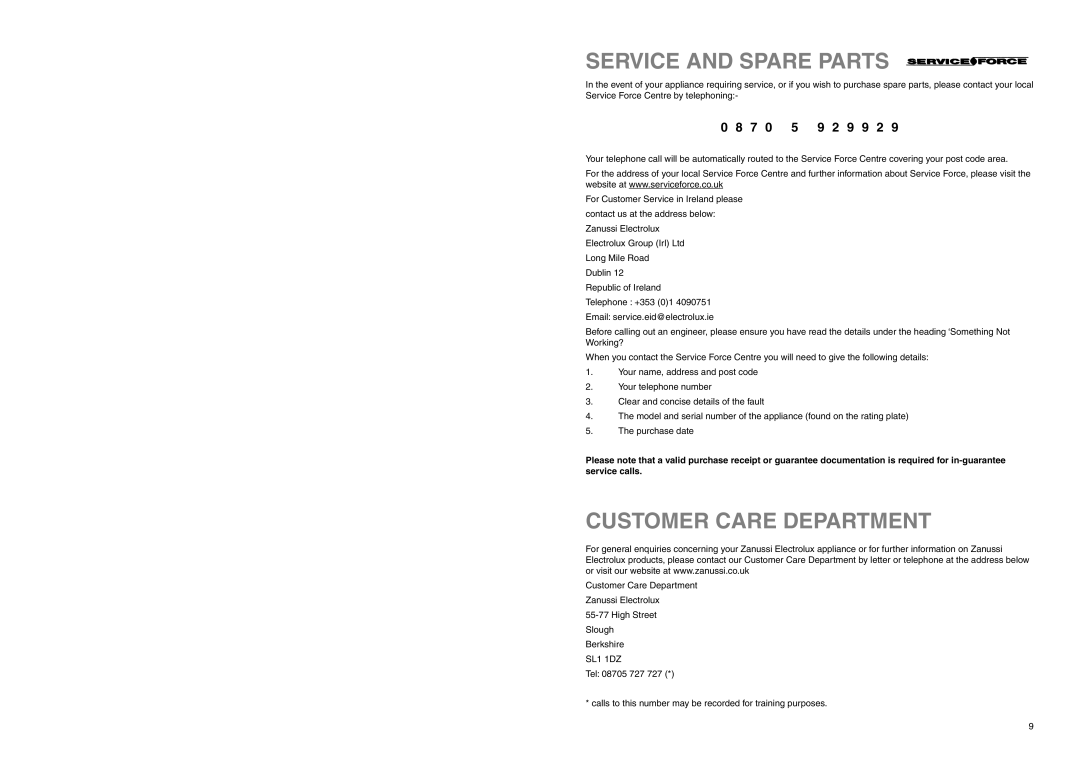 Zanussi ZEL 296 manual Service and Spare Parts, Customer Care Department, 9 9 2 