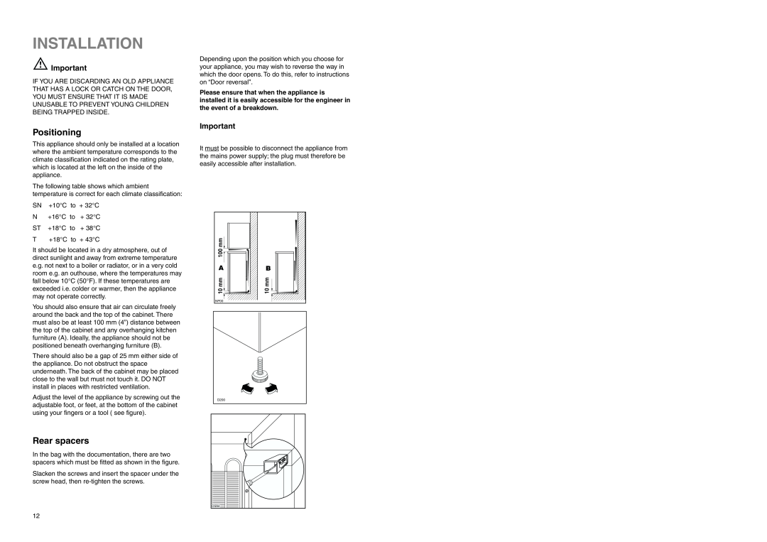 Zanussi ZEL 296 manual Installation, Positioning, Rear spacers 
