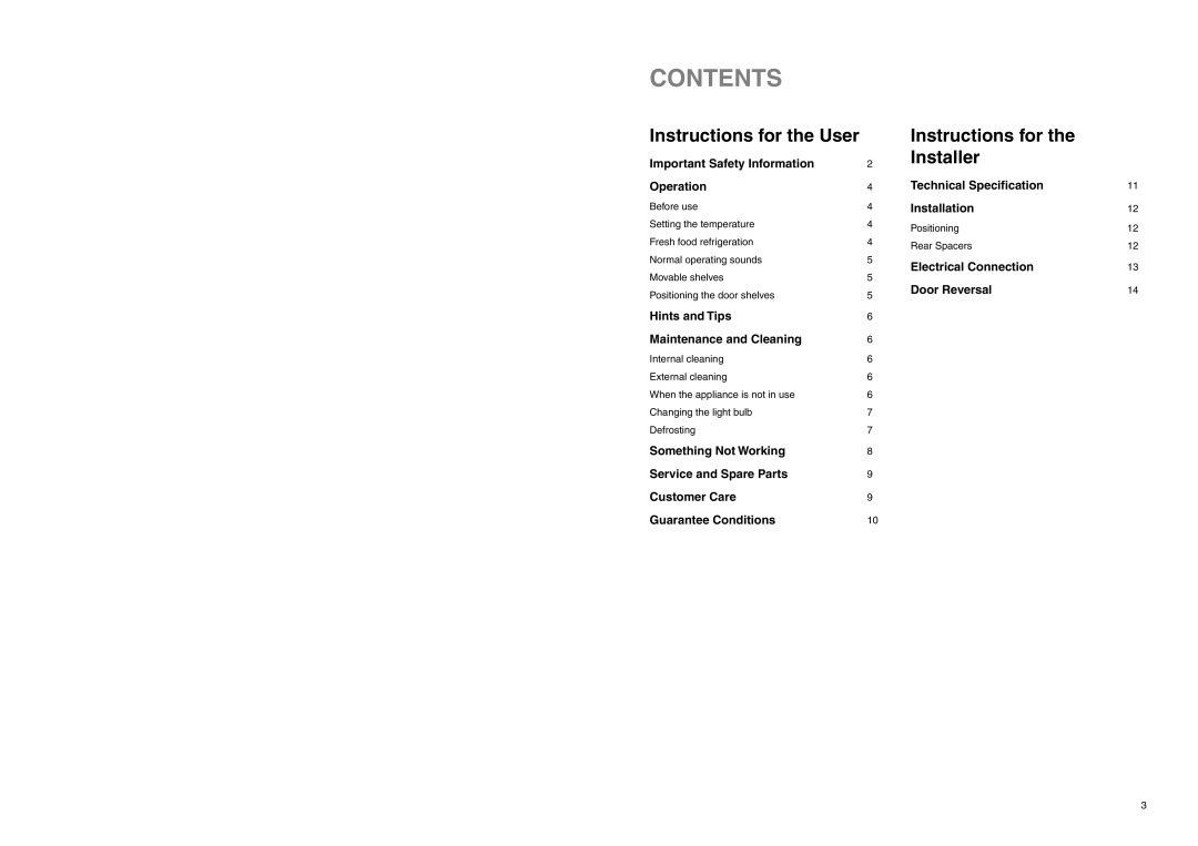 Zanussi ZEL 296 manual Contents, Instructions for the User, Instructions for the Installer 