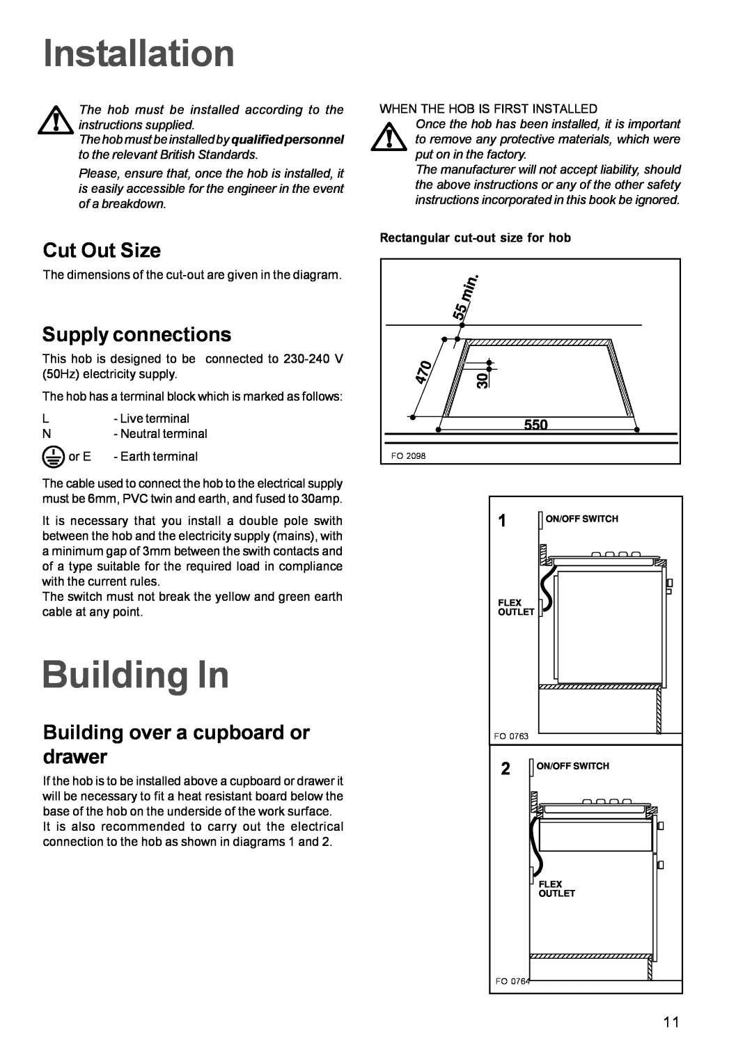 Zanussi ZEL 63 manual Installation, Building In, Cut Out Size, Supply connections, Building over a cupboard or drawer 