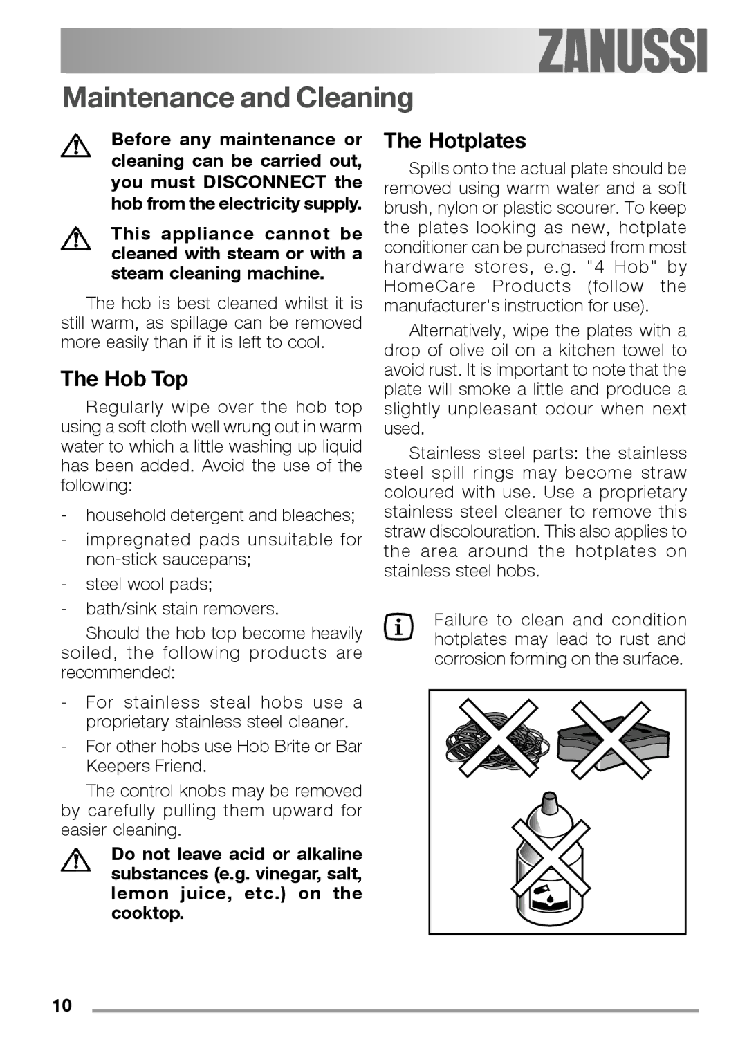 Zanussi ZEL 640 manual Maintenance and Cleaning, Hob Top, Hotplates 
