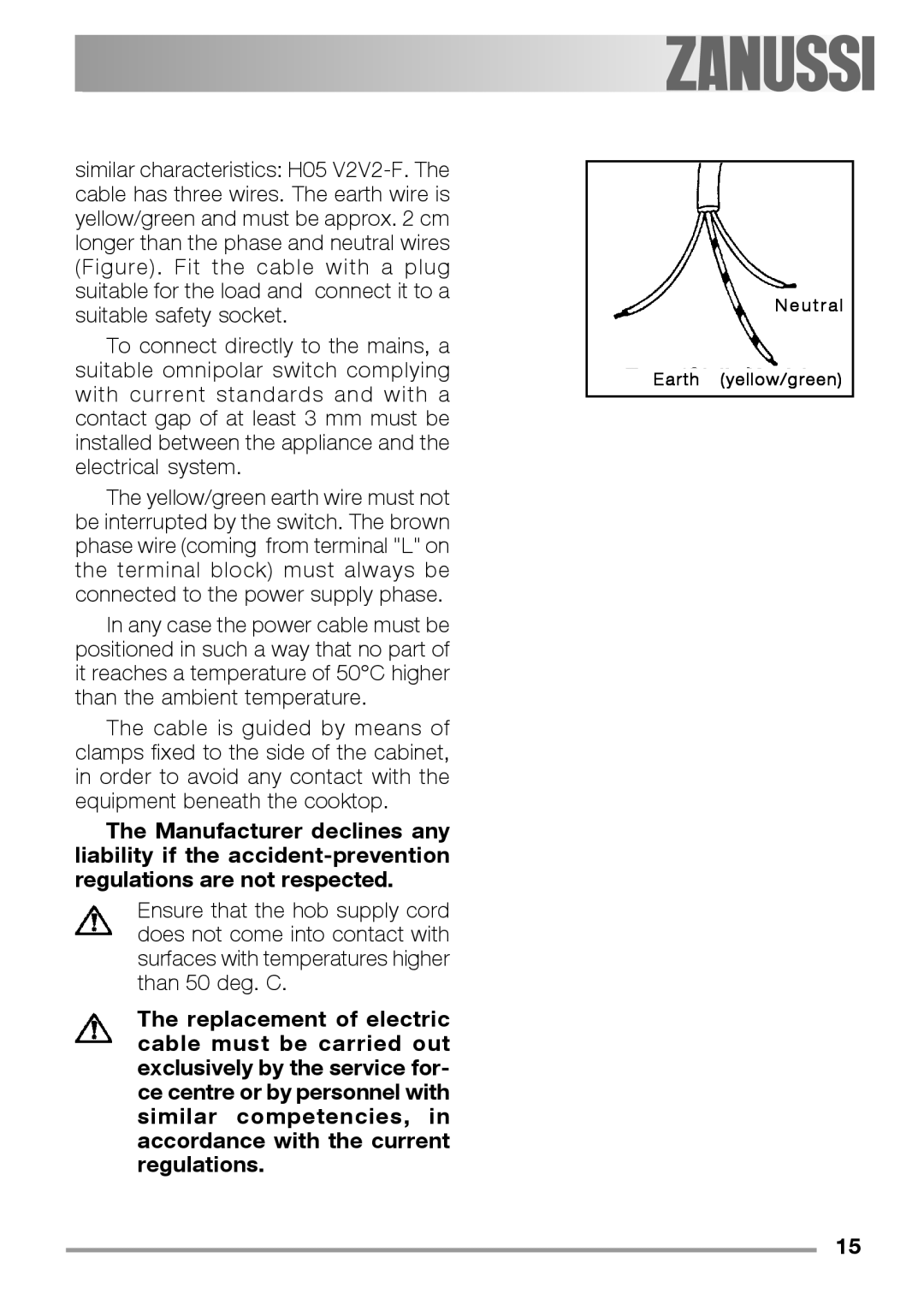 Zanussi ZEL 640 manual Neutral Earth yellow/green 