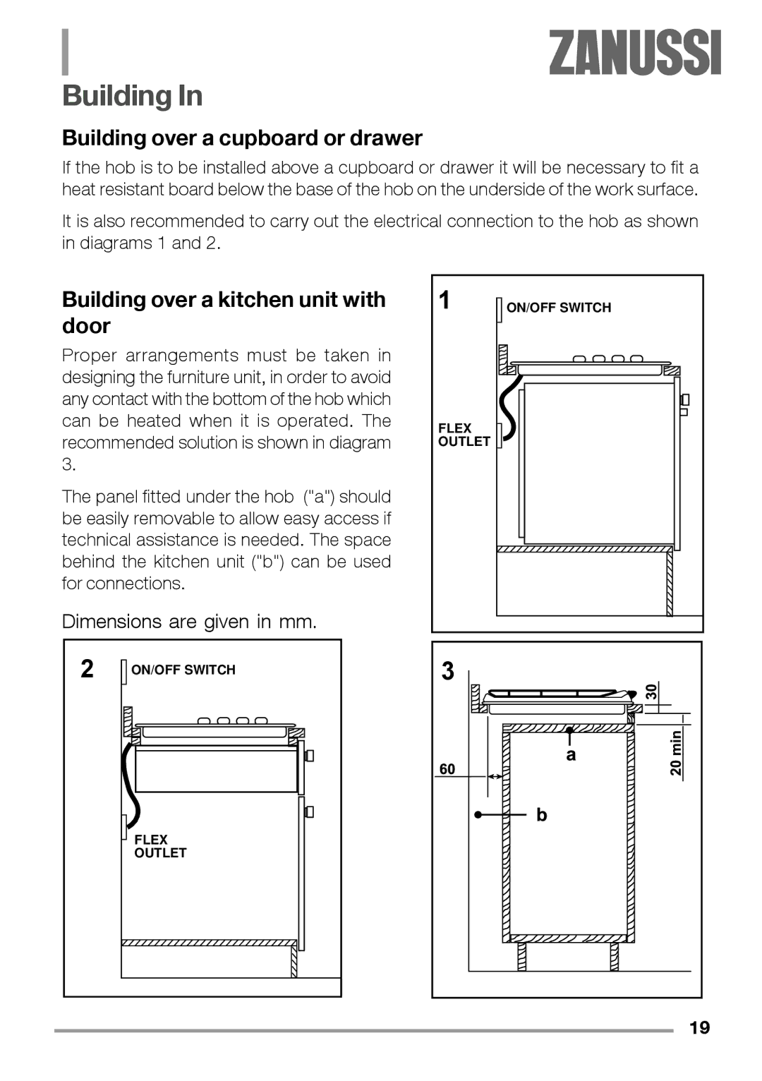 Zanussi ZEL 640 manual Building over a cupboard or drawer, Building over a kitchen unit with door 