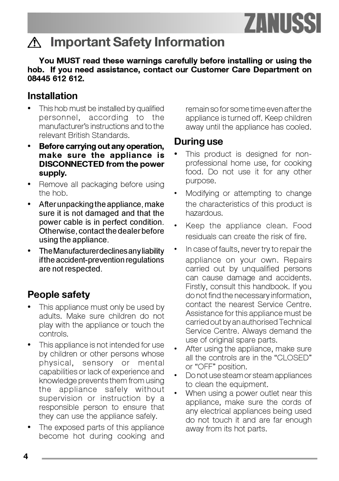 Zanussi ZEL 640 manual Important Safety Information, Installation, People safety, During use 