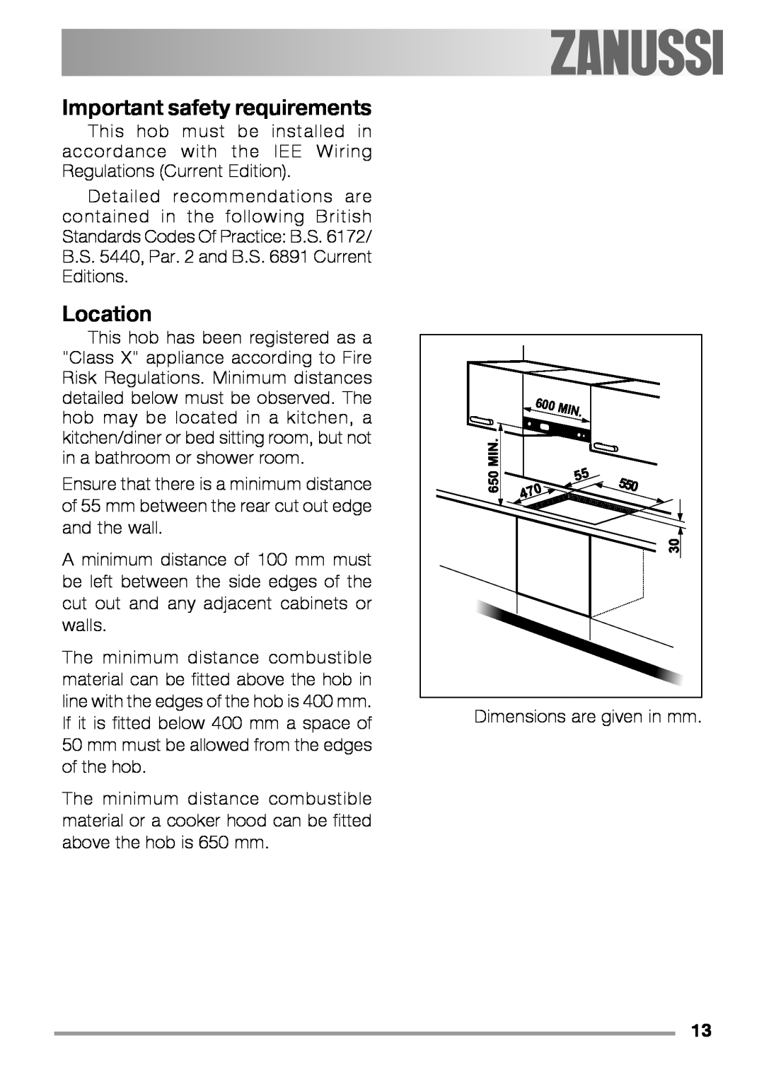 Zanussi ZEL 640 manual Important safety requirements, Location 