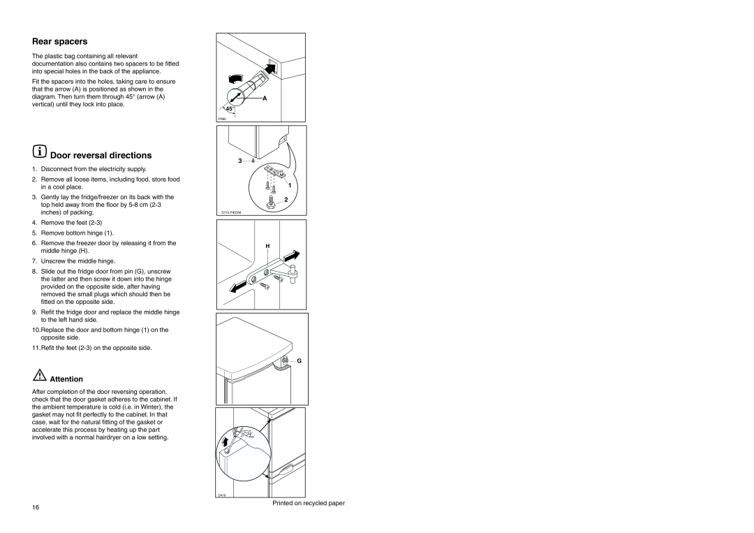 Zanussi ZENB 250 SI manual Rear spacers, Door reversal directions 