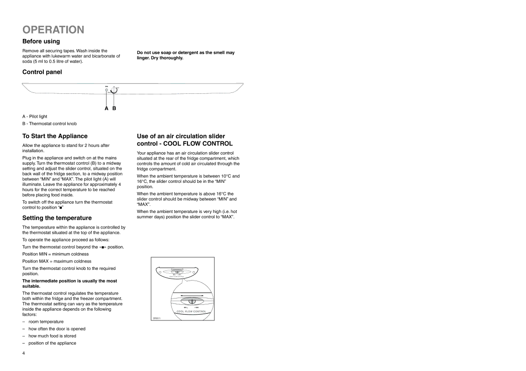 Zanussi ZENB 2625 manual Operation, Before using, Control panel, To Start the Appliance, Setting the temperature 