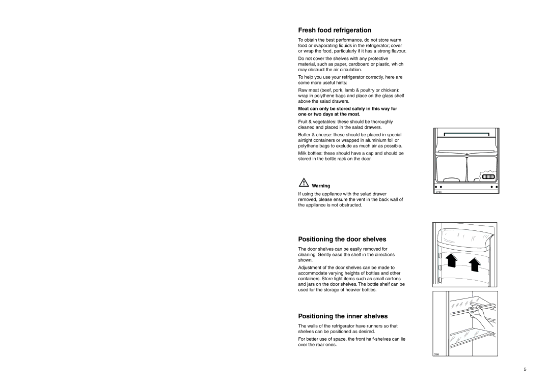 Zanussi ZENB 2625 manual Fresh food refrigeration, Positioning the door shelves, Positioning the inner shelves 