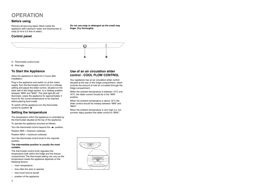 Zanussi ZENB 2720 manual Operation, Before using, Control panel, To Start the Appliance, Setting the temperature 