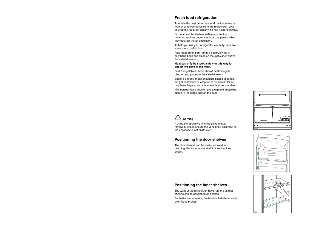 Zanussi ZENB 2720 manual Fresh food refrigeration, Positioning the door shelves, Positioning the inner shelves 