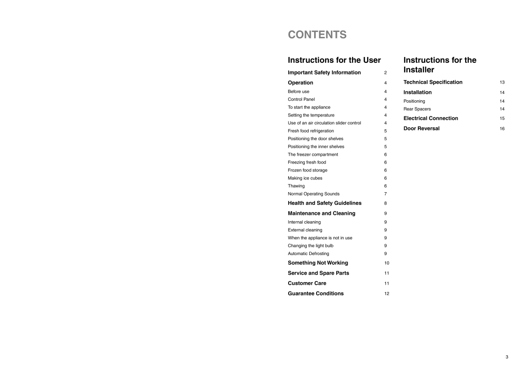 Zanussi ZENB 2720 manual Contents, Instructions for the User, Instructions for the Installer 