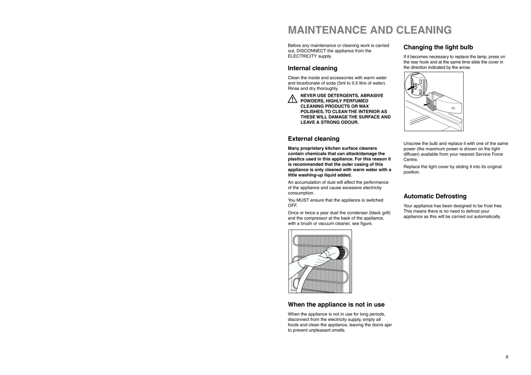 Zanussi ZENB 2720 manual Maintenance And Cleaning, Internal cleaning, External cleaning, Changing the light bulb 