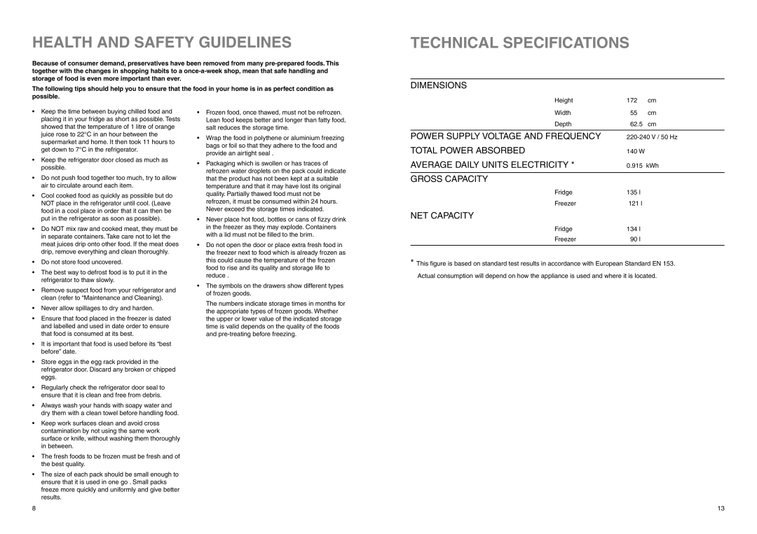 Zanussi ZENB 2725 manual Health and Safety Guidelines, Technical Specifications 