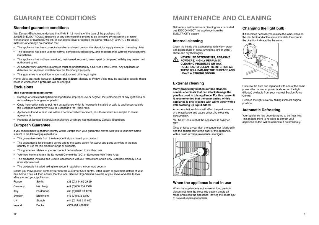 Zanussi ZENB 2725 manual Guarantee Conditions Maintenance and Cleaning 