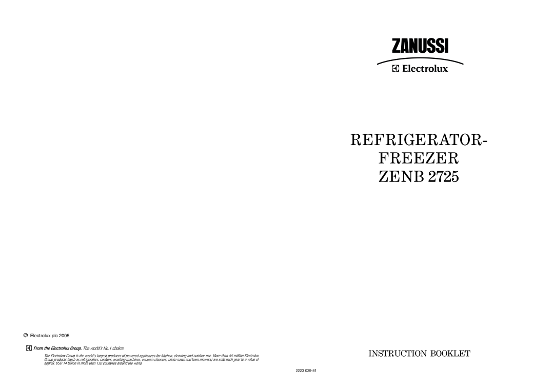 Zanussi ZENB 2725 manual Refrigerator Freezer Zenb, Instruction Booklet, 2223 