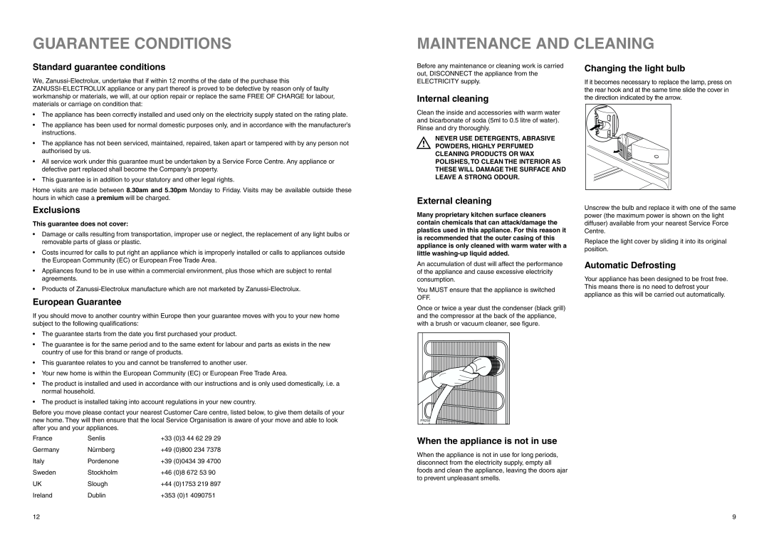 Zanussi ZENB 2725 manual Guarantee Conditions, Maintenance And Cleaning, Standard guarantee conditions, Exclusions 