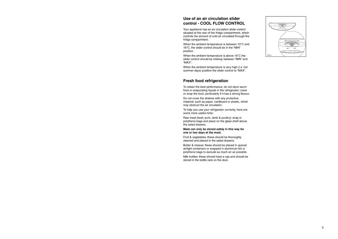 Zanussi ZENB 2925 manual Fresh food refrigeration, Use of an air circulation slider control Cool Flow Control 