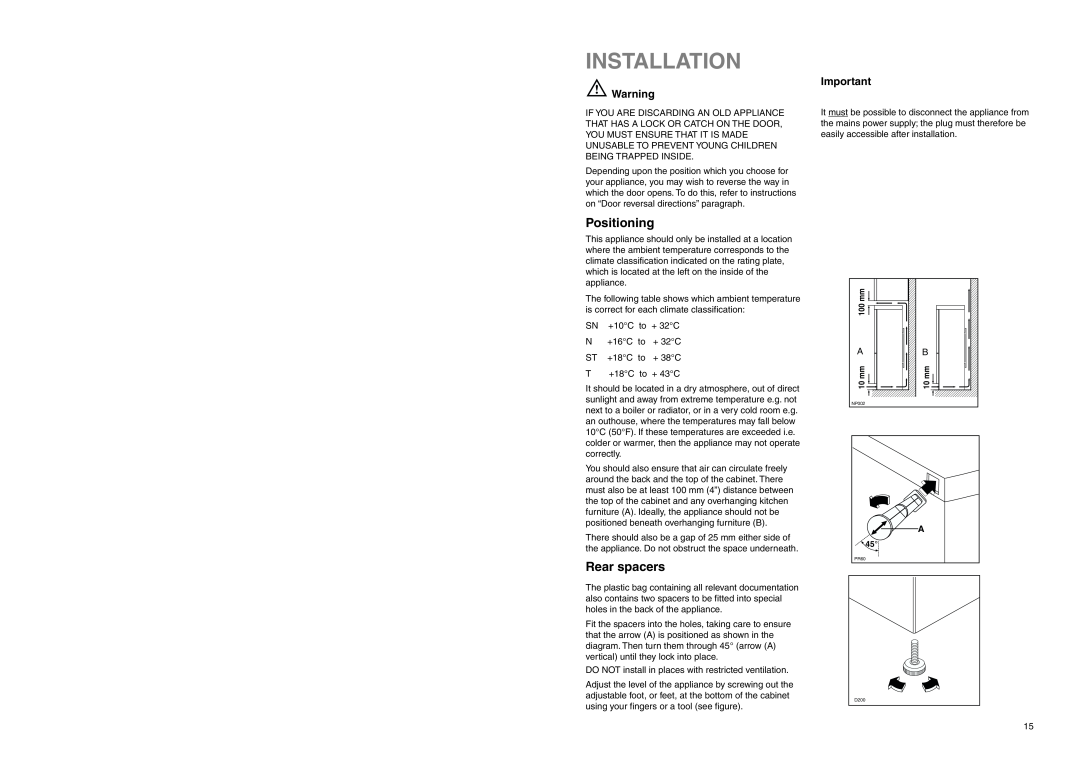 Zanussi ZENB 2925 manual Installation, Positioning, Rear spacers 