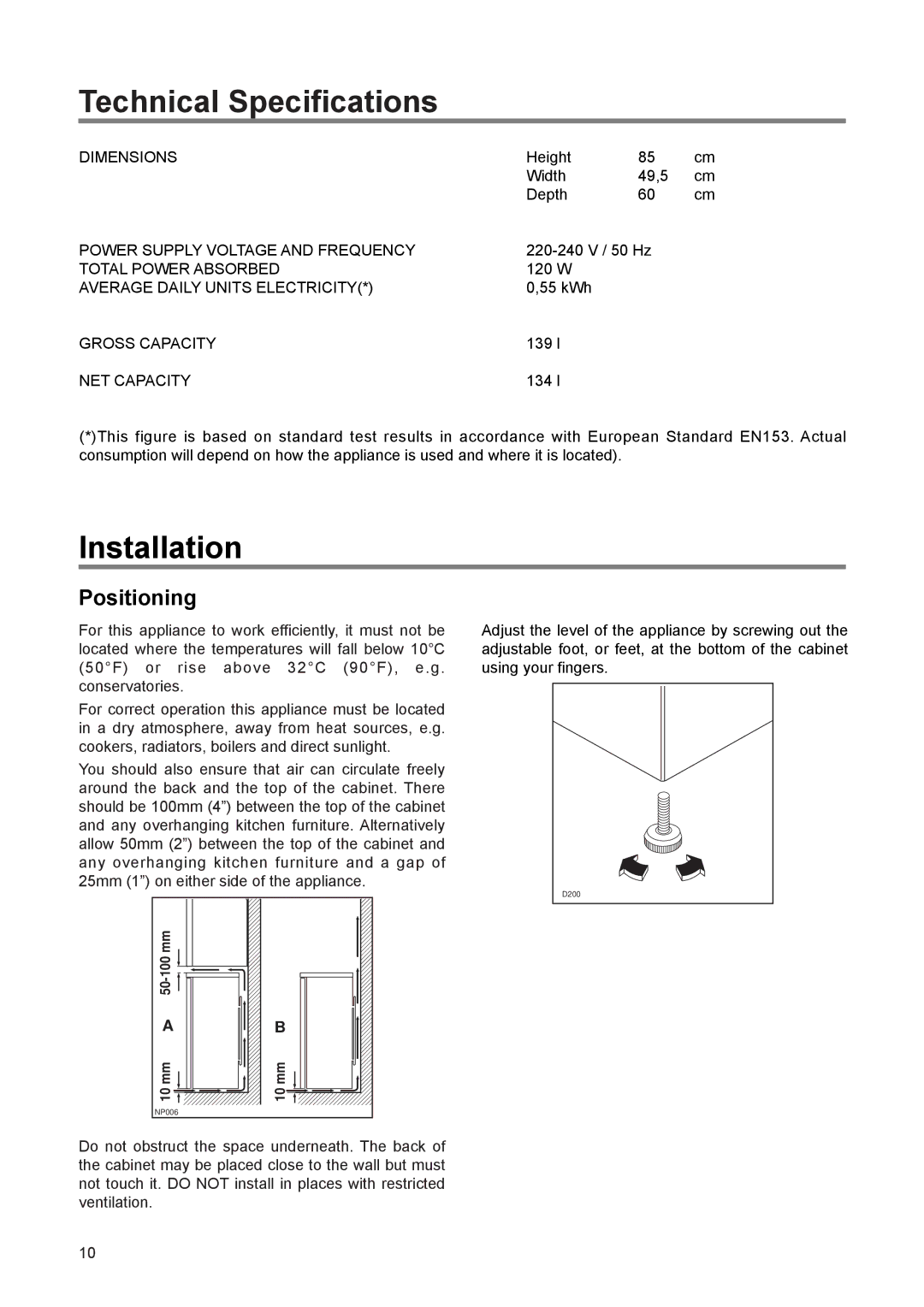 Zanussi ZER 140 W manual Technical Specifications, Installation, Positioning 