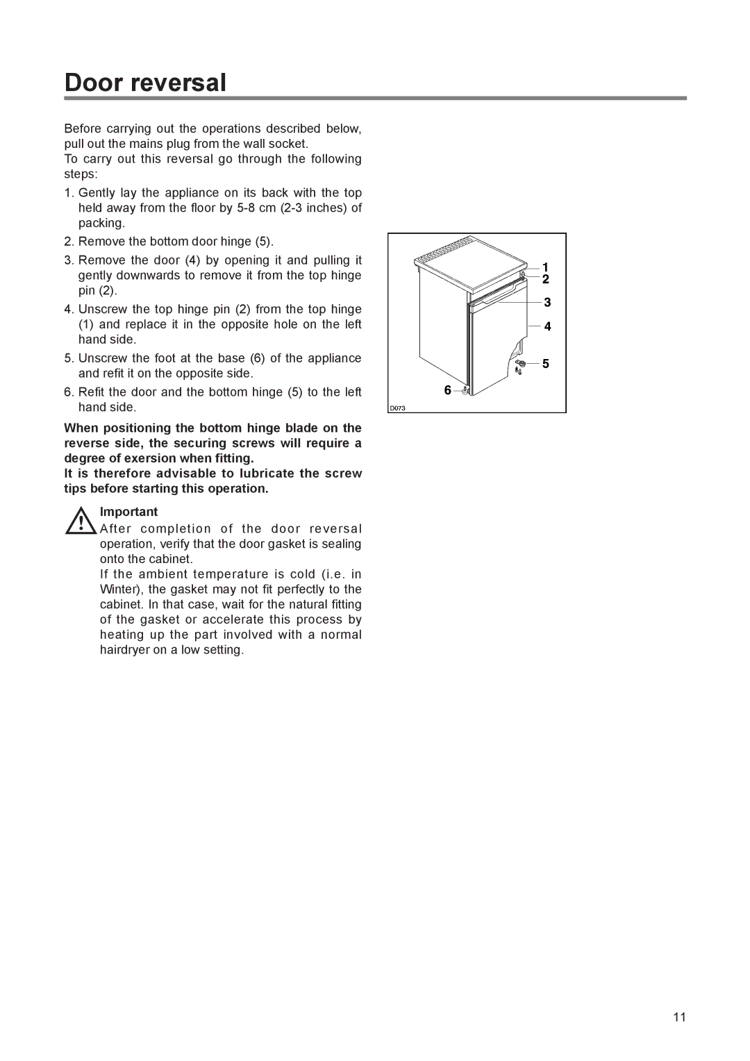 Zanussi ZER 140 W manual Door reversal 