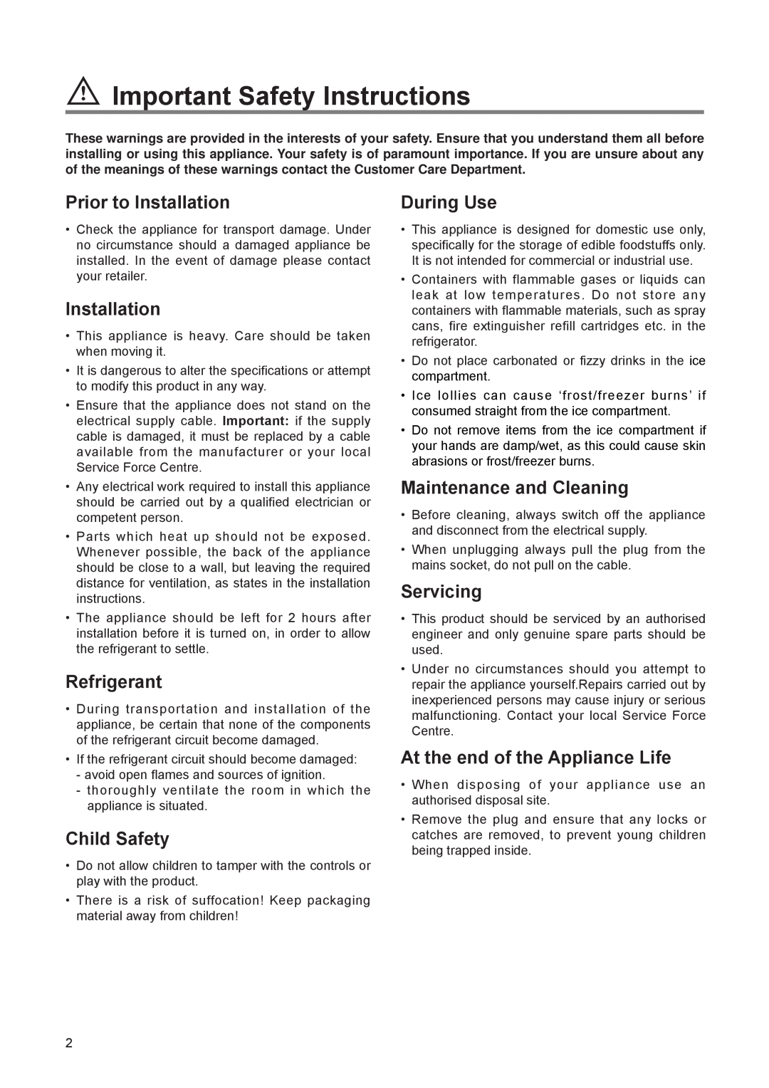 Zanussi ZER 140 W Important Safety Instructions, Prior to Installation, Refrigerant, Child Safety, During Use, Servicing 