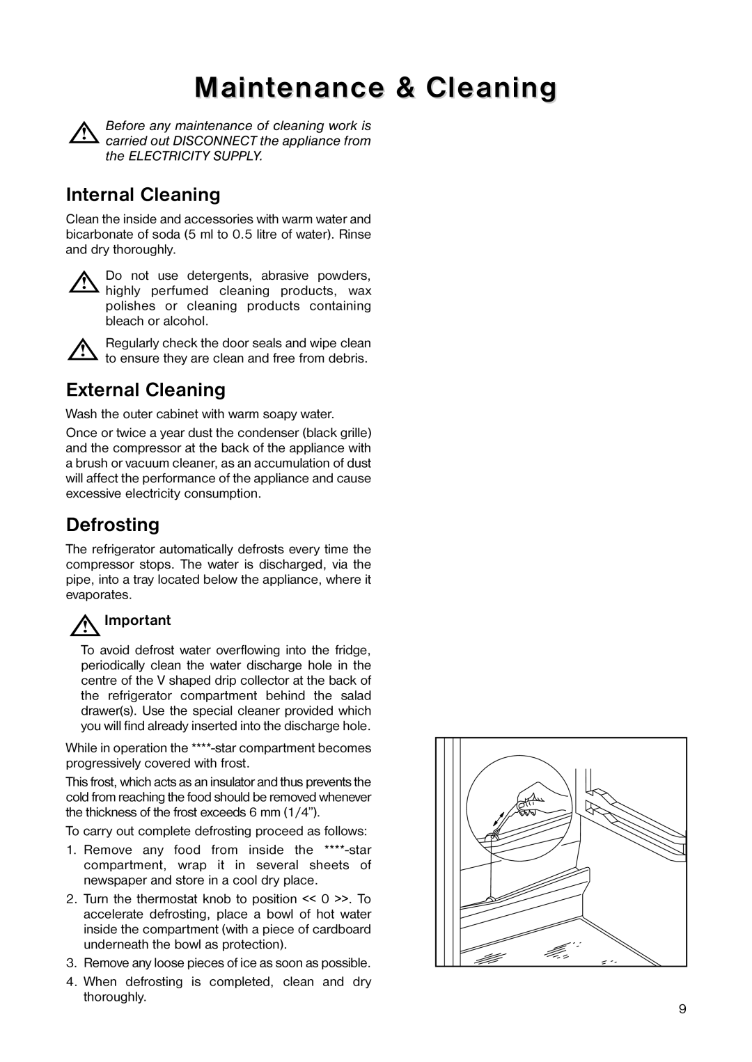 Zanussi ZER 240 W manual Maintenance & Cleaning, Internal Cleaning, External Cleaning, Defrosting 