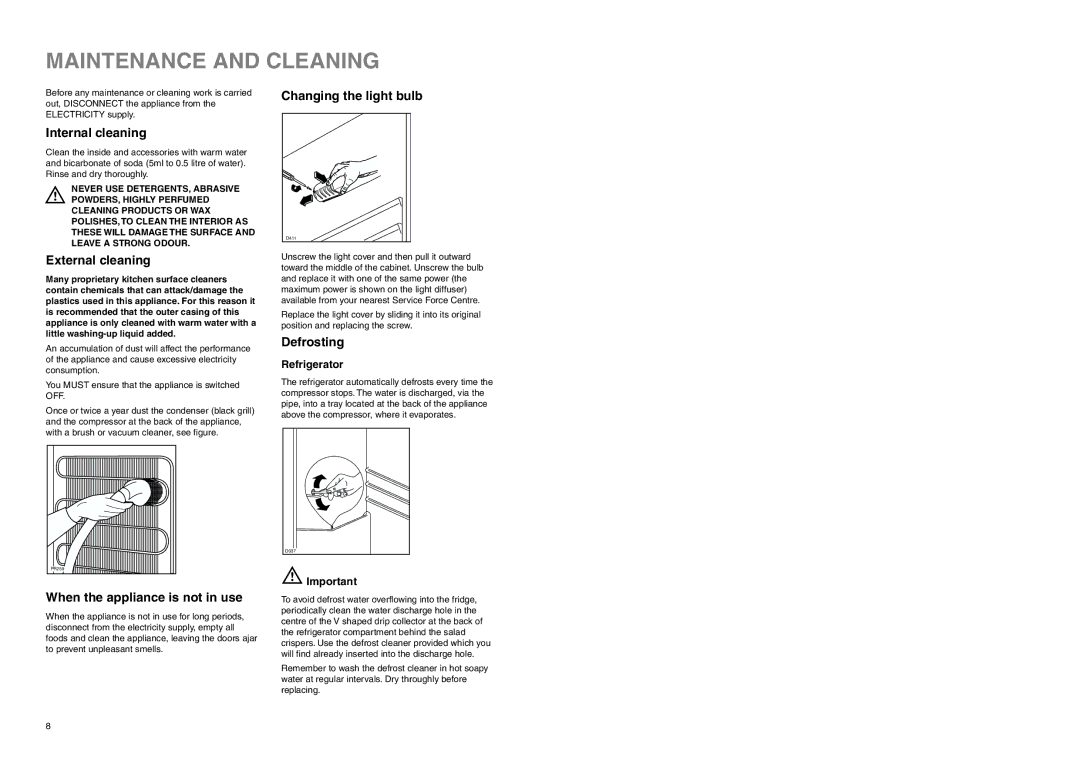 Zanussi ZERB 2520 SI manual Maintenance and Cleaning 