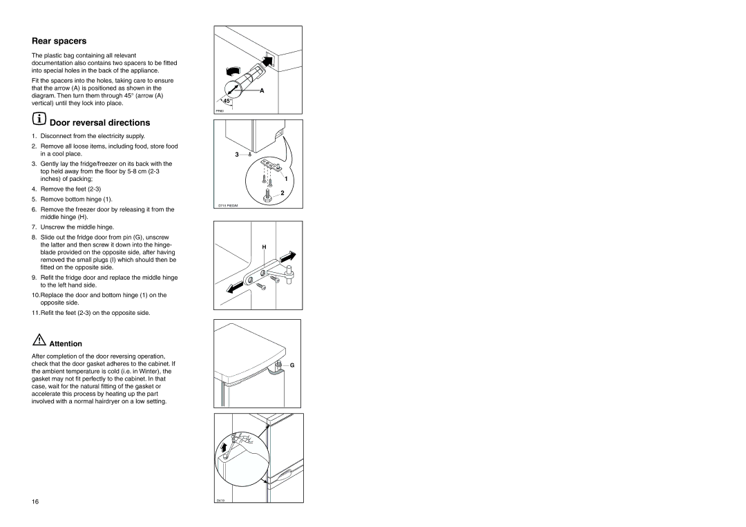 Zanussi ZERB 2825, ZRB 7821 manual Rear spacers, Door reversal directions 