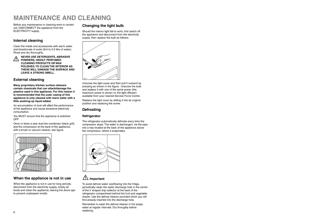 Zanussi ZERB 2825, ZRB 7821 manual Maintenance and Cleaning, Internal cleaning, External cleaning, Defrosting 