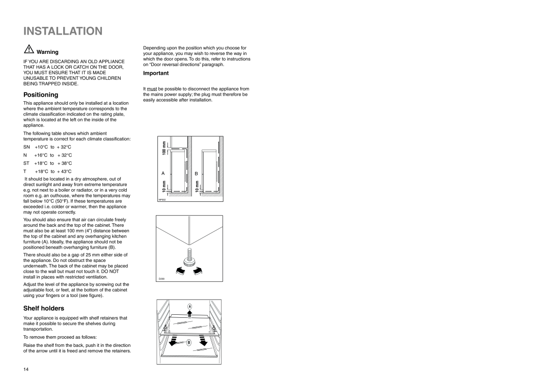 Zanussi ZERB 2825, ZRB 7821 manual Installation, Positioning, Shelf holders 
