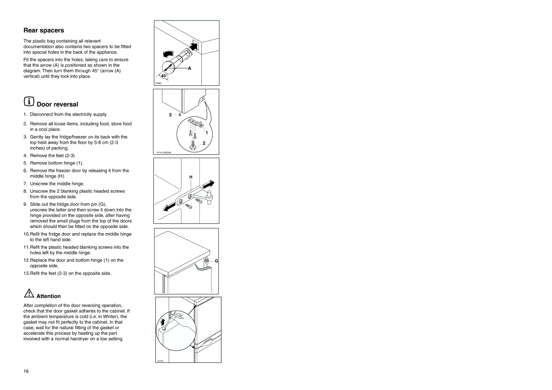 Zanussi ZERB 3120 manual Rear spacers, Door reversal 