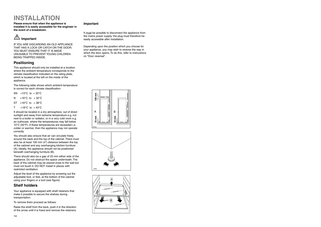 Zanussi ZERB 3120 manual Installation, Positioning, Shelf holders 