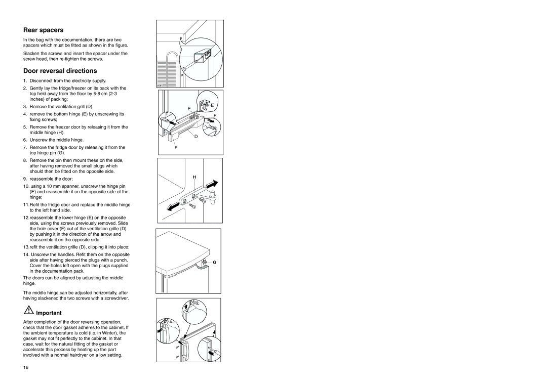 Zanussi ZERB 3225 X manual Rear spacers, Door reversal directions 