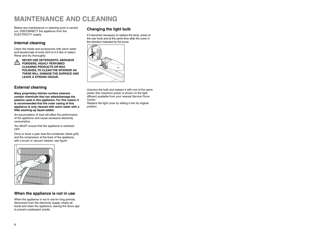 Zanussi ZERB 3225 X manual Maintenance And Cleaning, Internal cleaning, External cleaning, Changing the light bulb 
