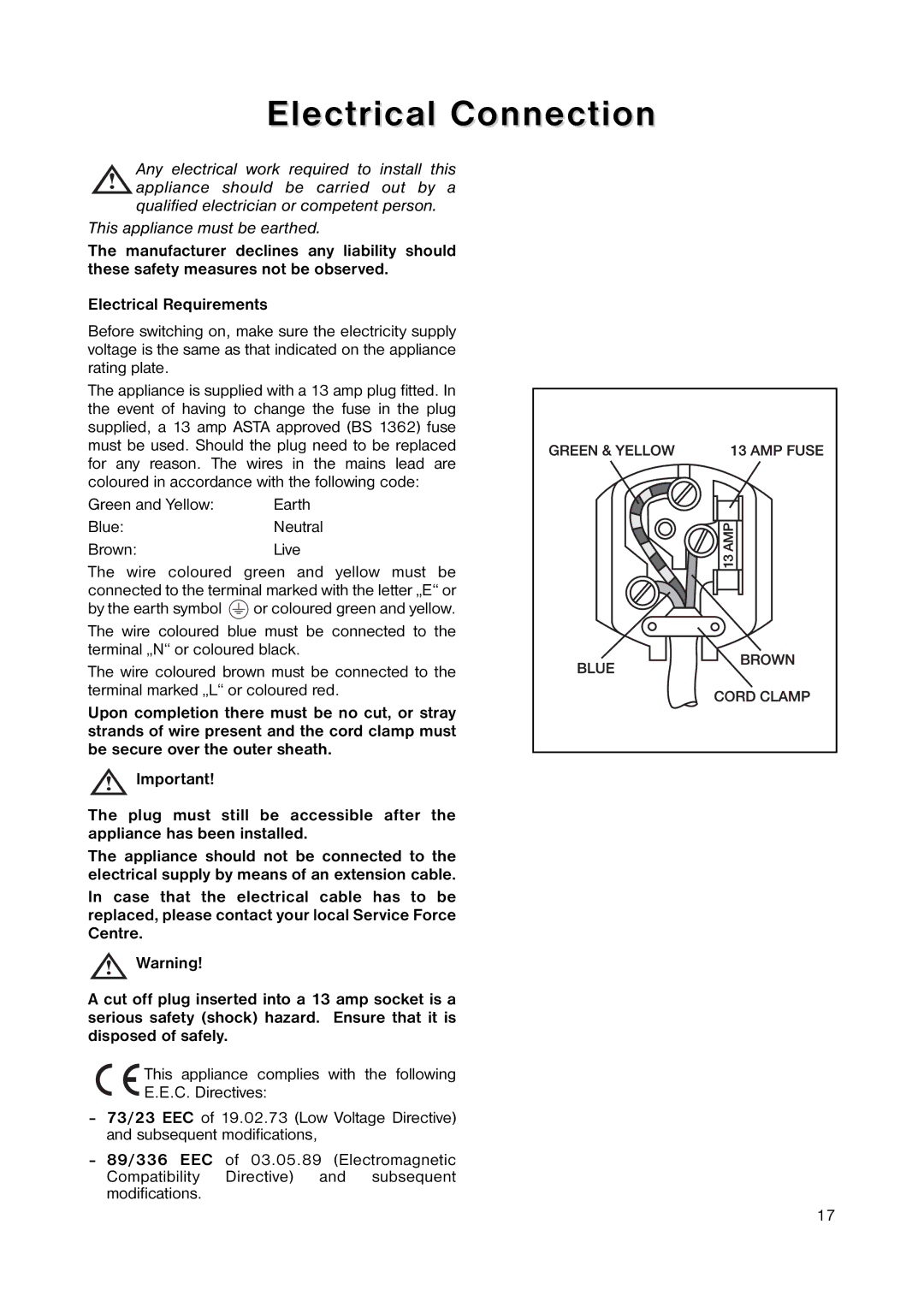 Zanussi ZERB 8441 manual Electrical Connection, Green and Yellow, BlueNeutral BrownLive 