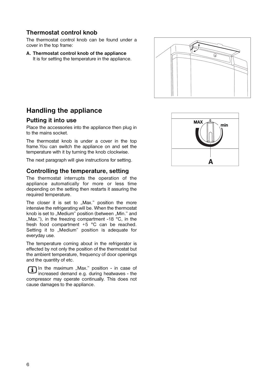 Zanussi ZERB 8441 manual Handling the appliance, Thermostat control knob, Putting it into use 