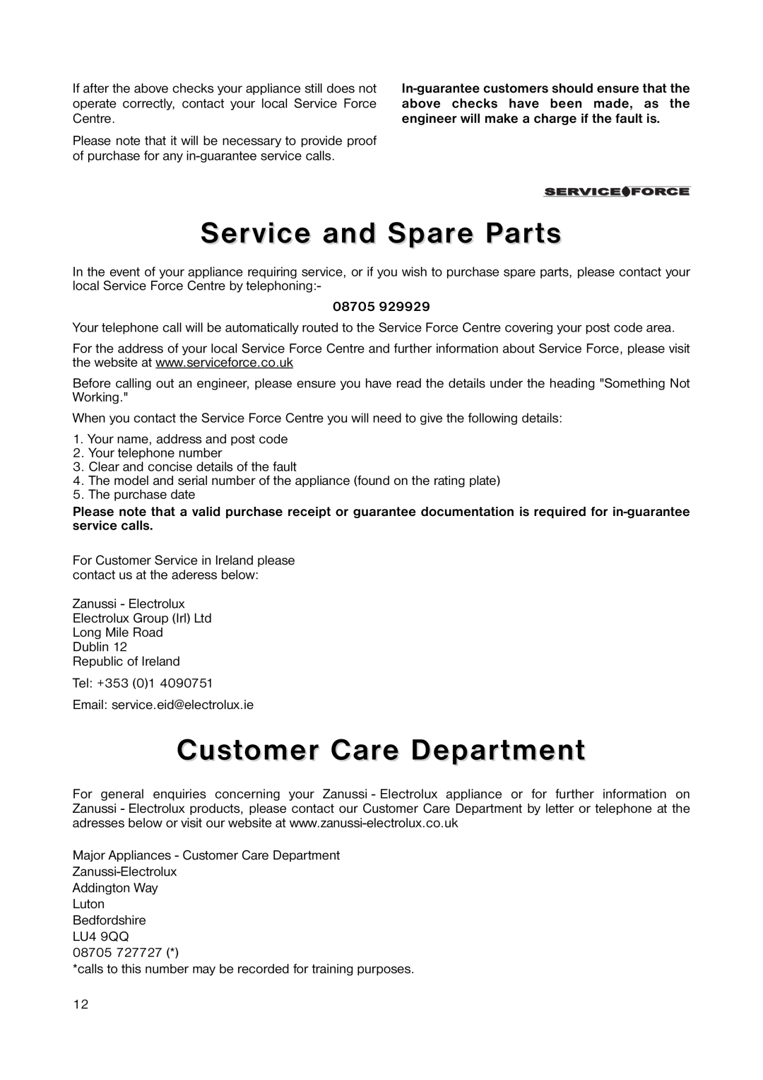 Zanussi ZERB 8441 manual Service and Spare Parts, Customer Care Department 