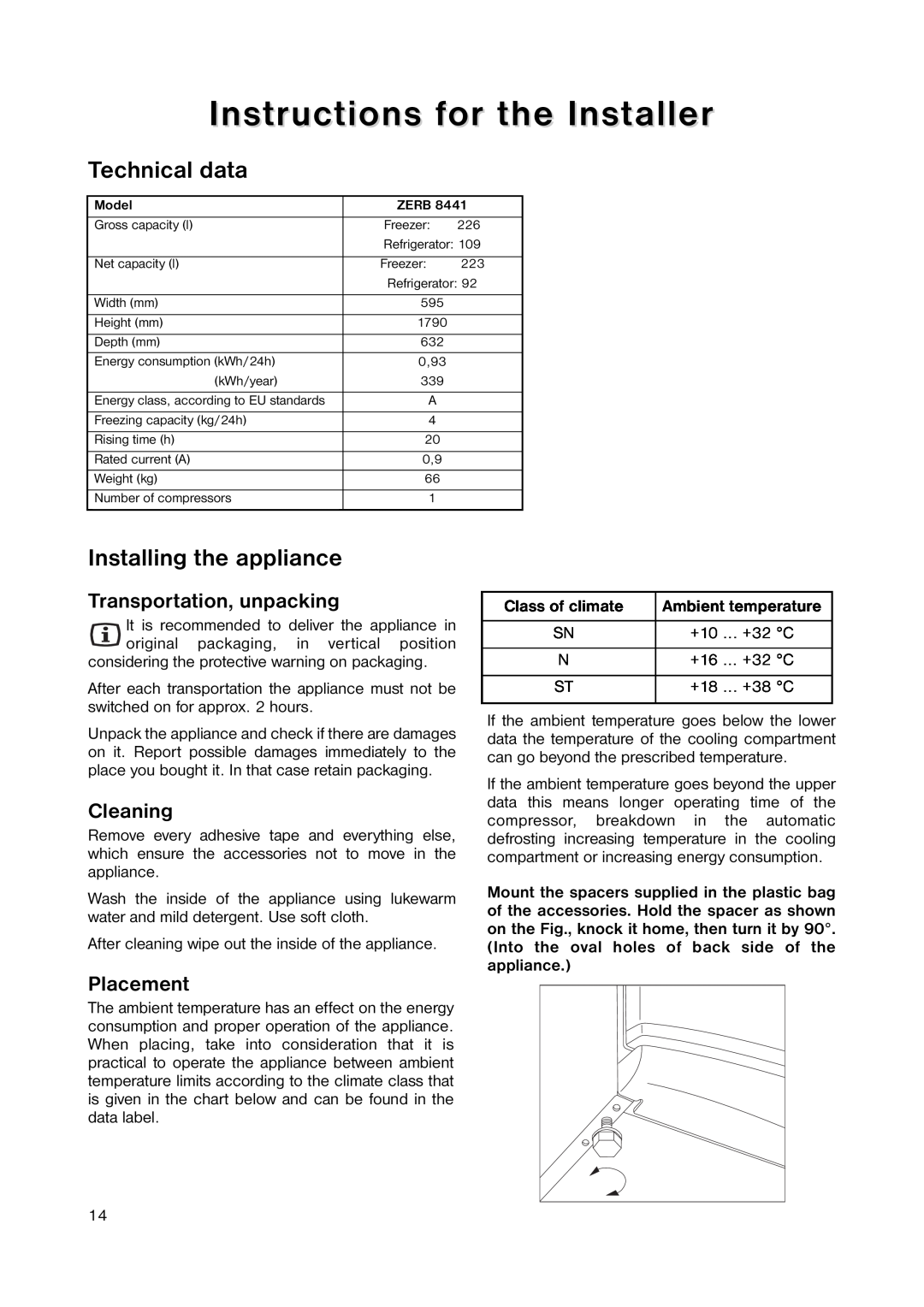 Zanussi ZERB 8441 Instructions for the Installer, Technical data, Installing the appliance, Transportation, unpacking 
