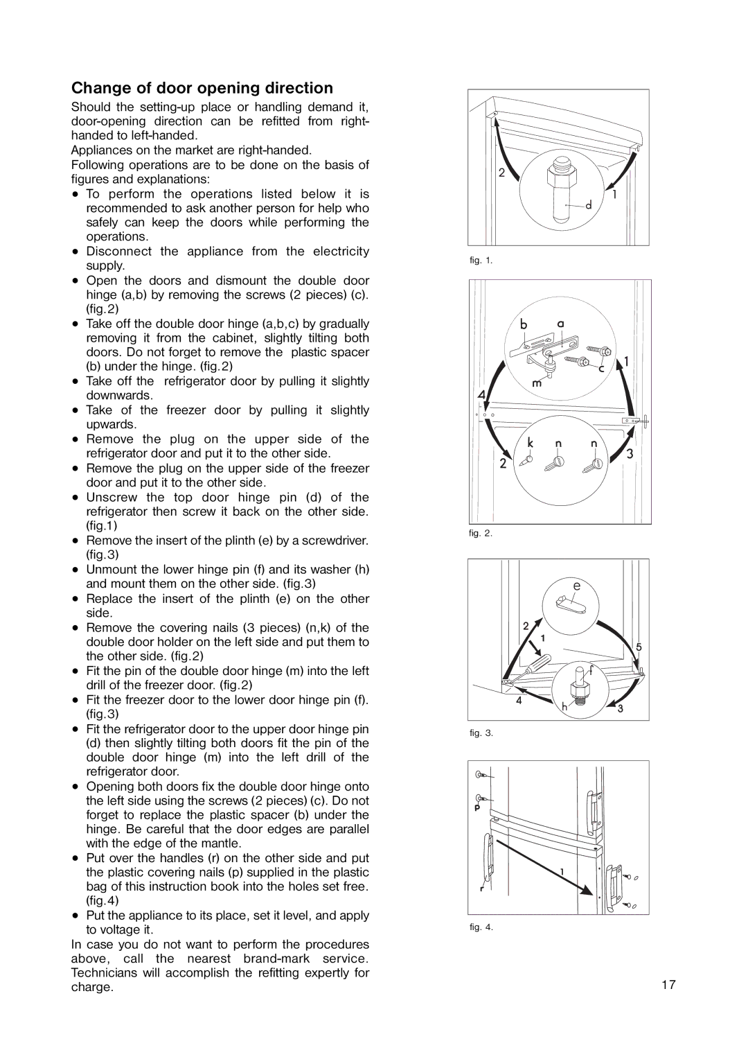 Zanussi ZERB 8643 manual Change of door opening direction 