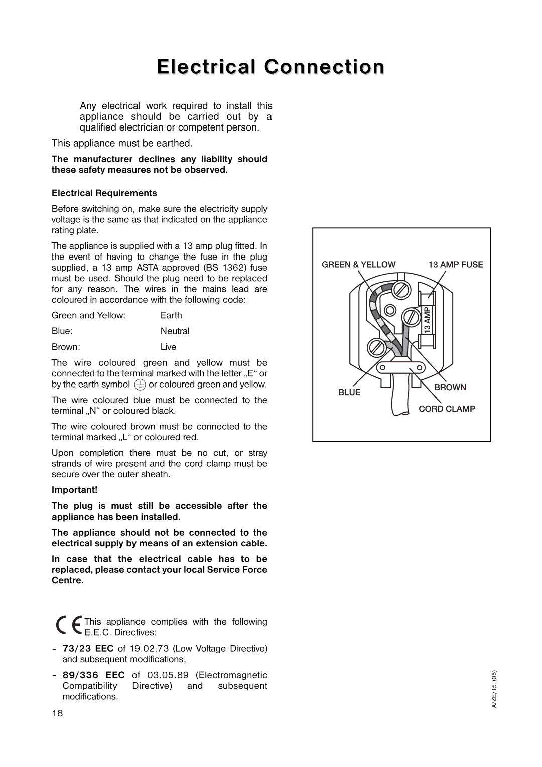 Zanussi ZERB 8643 manual Electrical Connection, Green and Yellow, BlueNeutral BrownLive, 89/336 EEC, Modifications 