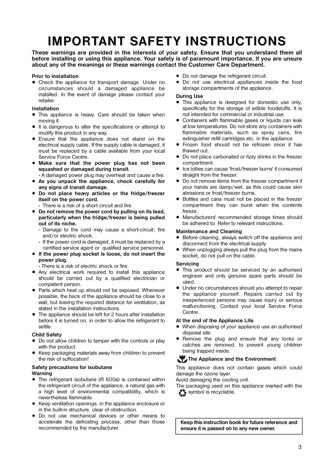 Zanussi ZERB 8643 manual Important Safety Instructions 